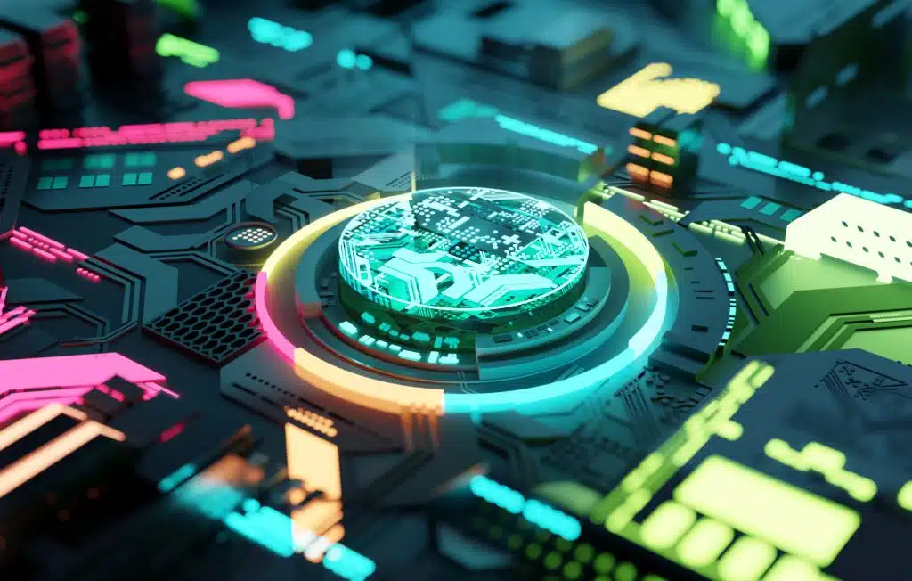 Multicoloured futuristic CPU and processor, quantum and machine learning concept. 3D illustration concept. - WeDoBack