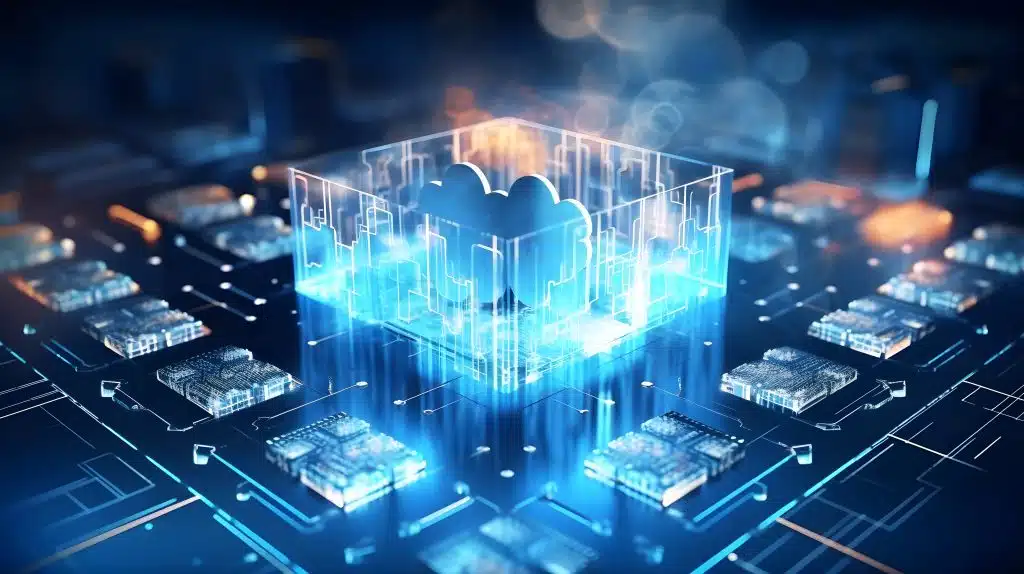 Digital informational technology web futuristic hologram with cloud icon, blue golden light digits and code background, cloud computing. Abstract Motion of digital data flow. Generative AI - WeDoBack